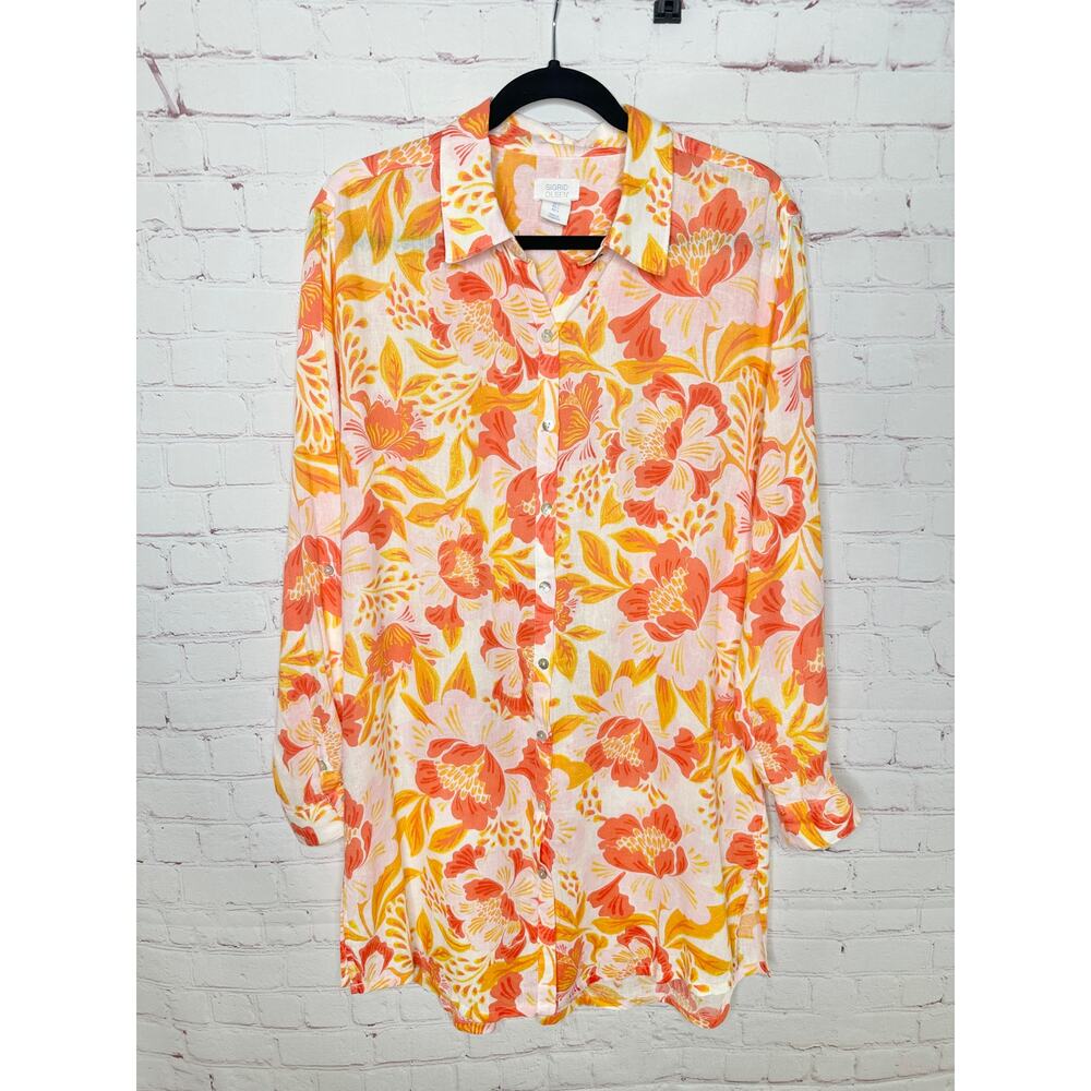 Sigrid Olsen Orange Linen Blend Coverup Shirt Dress Womens Swimwear Large